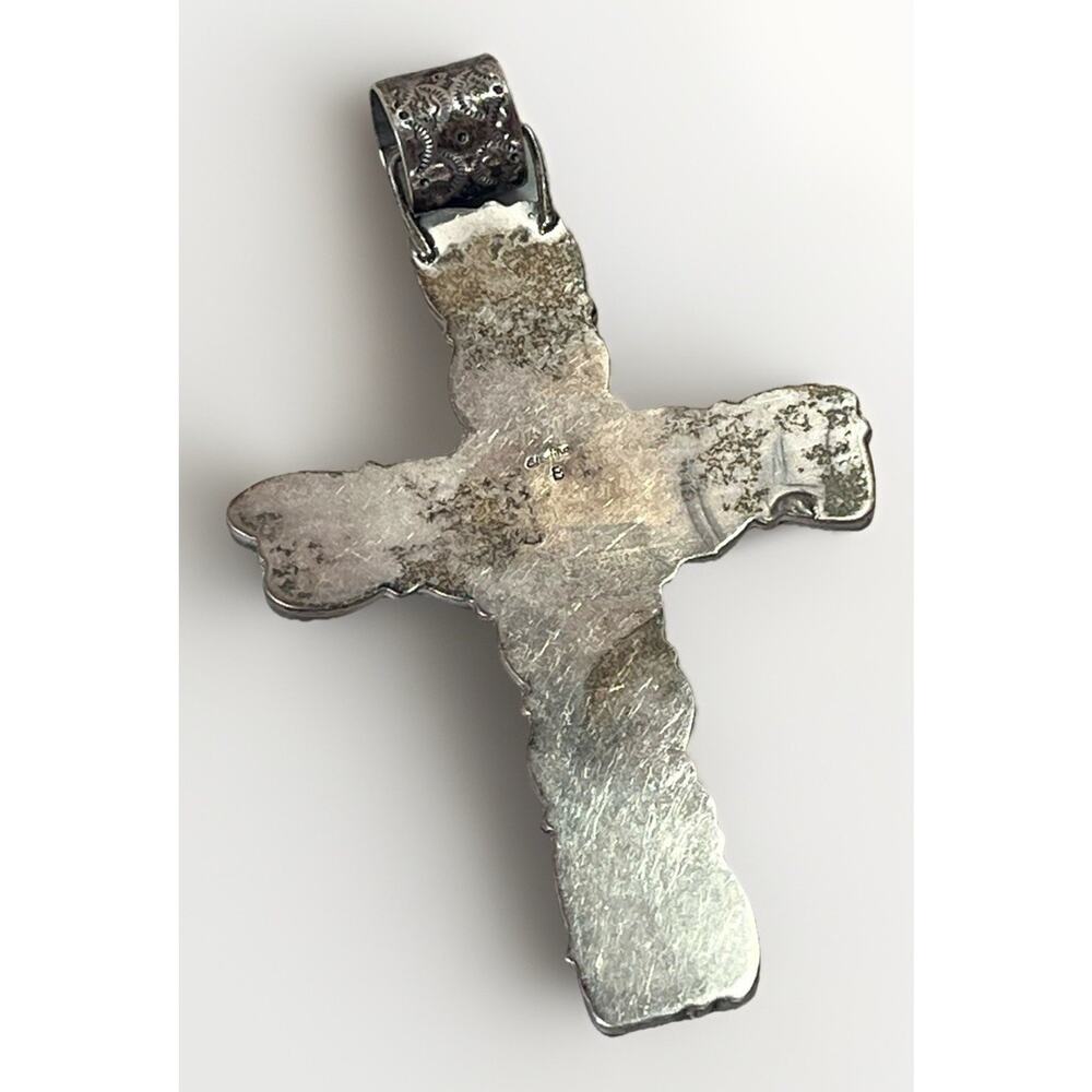 VTG Zuni Turquoise Cluster Sterling Silver Cross Pendant by B Bowekaty 73.4g - Picture 11 of 14